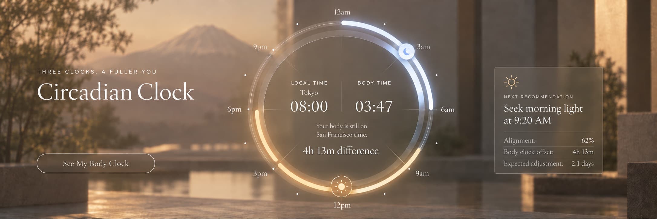 Circadian Clock — a dial comparing local time in Tokyo, 08:00, with body time, 03:47, a 4h 13m difference, beside a recommendation to seek morning light at 9:20 AM.