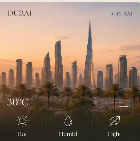 Dubai, 5:36 AM, 30°C — hot, humid, light. The Burj Khalifa above the skyline.