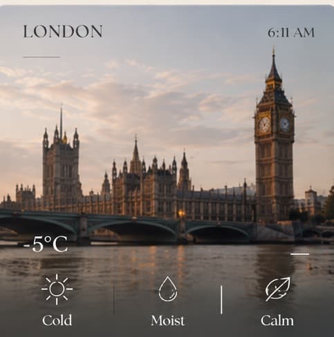London, 6:11 AM, −5°C — cold, moist, calm. Westminster and Big Ben across the Thames.