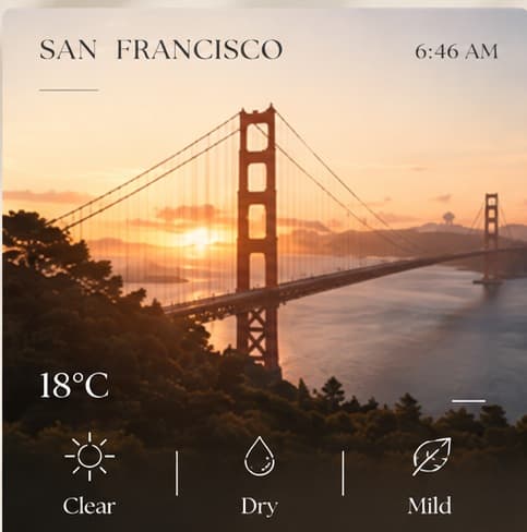 San Francisco, 6:46 AM, 18°C — clear, dry, mild. The Golden Gate Bridge at sunrise.