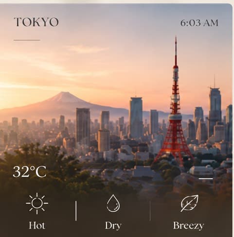 Tokyo, 6:03 AM, 32°C — hot, dry, breezy. Tokyo Tower with Mount Fuji beyond.