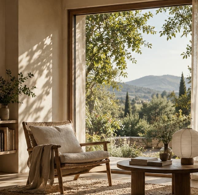 A room opening onto a valley, filled with early daylight.
