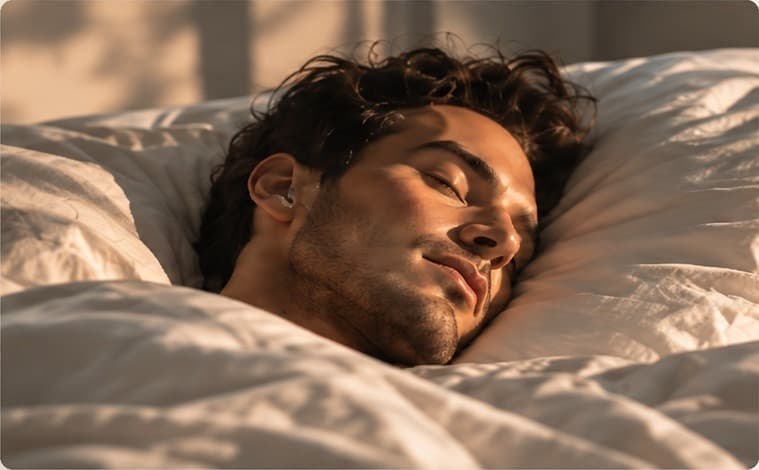 A man asleep in morning light, wearing the Dao ear cuff.