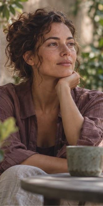 A woman resting at an outdoor table, chin on her hand.