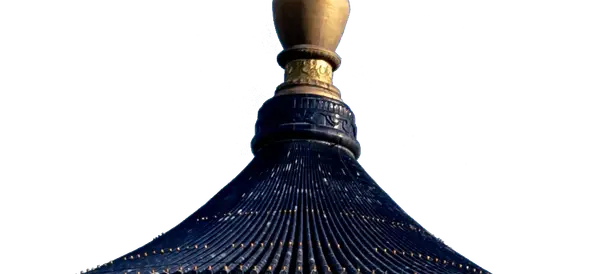 The gilded finial and upper tiled roof of the Hall of Prayer for Good Harvests, its sky removed.