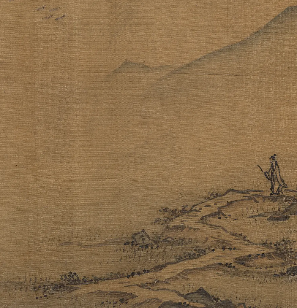 Detail from Ma Lin’s Landscape with Flying Geese: a scholar with a staff and an attendant stand on a low bank of grass and rock, a range of hills fades into blank silk behind them, and a line of geese crosses the upper air.