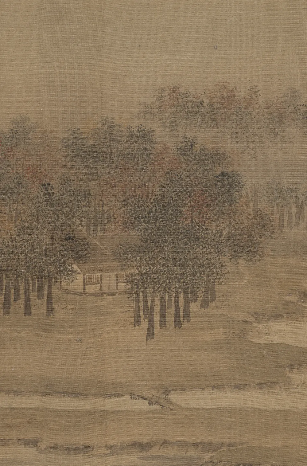 Detail from Li Anzhong’s Cottages in a Misty Grove in Autumn: a stand of tall trees in autumn colour shelters a thatched cottage, and the whole grove rests on a band of mist that has no lower edge.